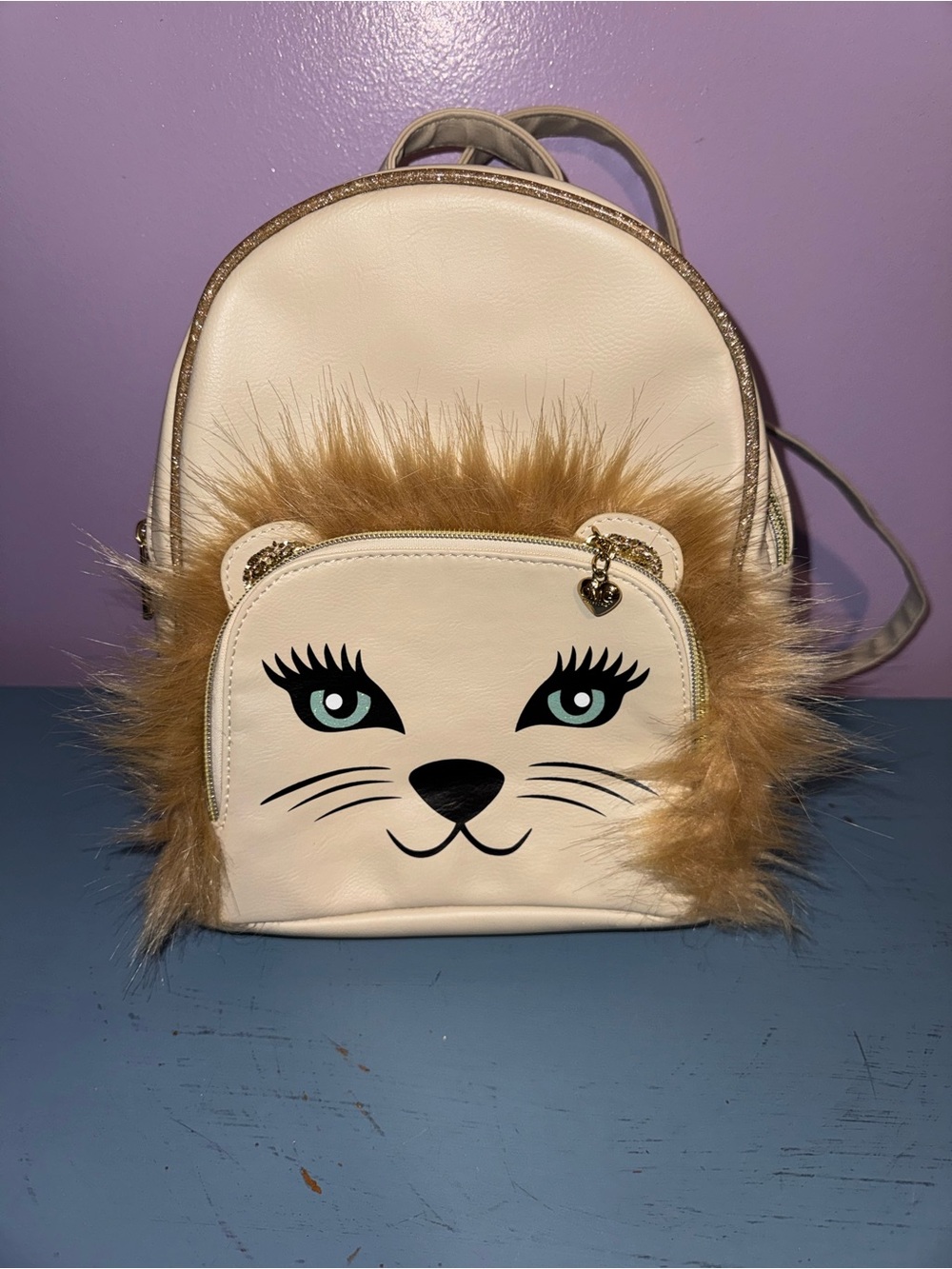 Girls Cream Faux Fur Lion Face Mini Backpack